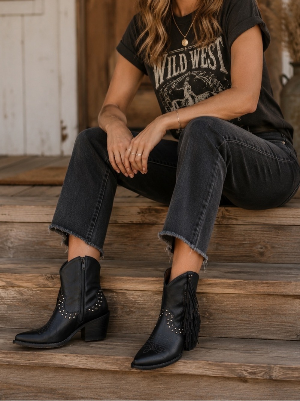 Miranda Lambert Black Leather Fringe Studded Western Ankle Boots 8.5